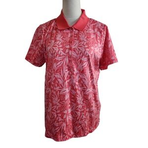 Lands End Womens Large 14-16 Pink Floral Cotton Polo Shirt Short Sleeve Top